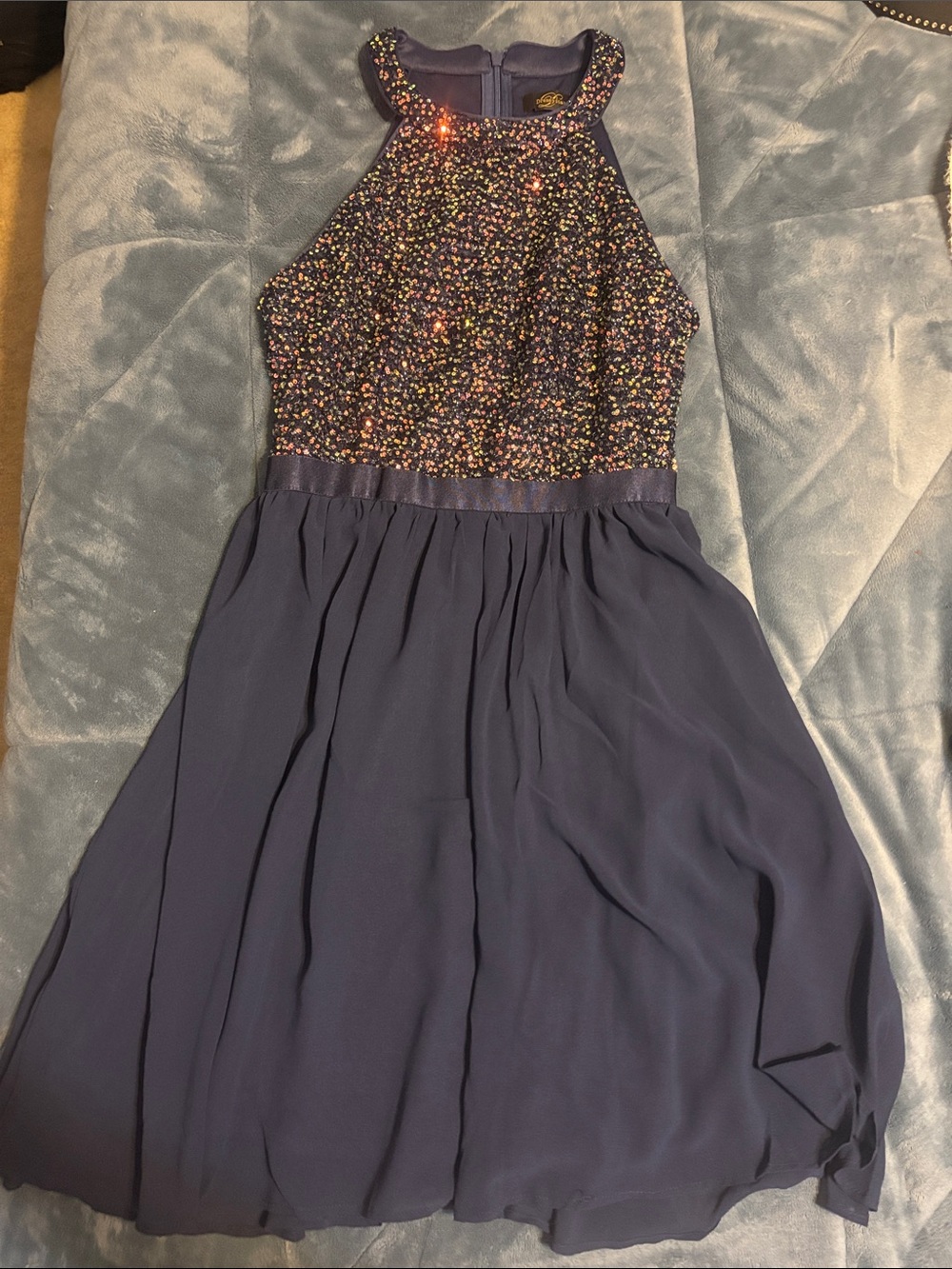 Girls Navy Halter Dress with Multicolor Sequin Bodice